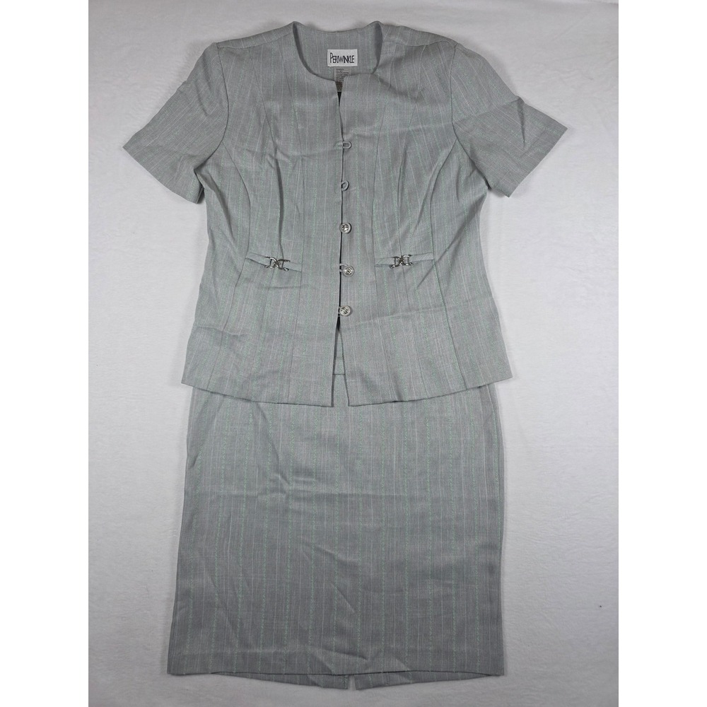 Vintage 90s Periwinkle Skirt Suit Pinstripe Short Sleeve 8 Gray Mint Officecore